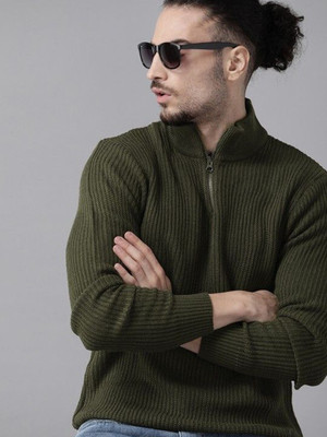 Roadster Solid High Neck Casual Men Dark Green Sweater