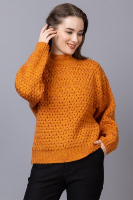 Wearlusso Self Design High Neck Casual Women Orange Sweater