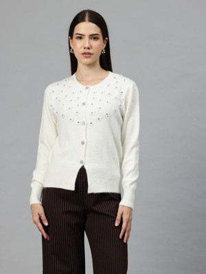 PIERRE CARLO Solid V Neck Casual Women White Sweater