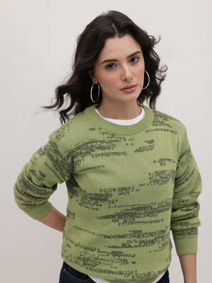 Roadster Self Design Round Neck Casual Women Green Sweater