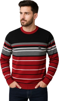 DAILYDUDE Striped Round Neck Casual Men Black Sweater