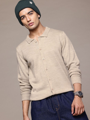 Roadster Solid Collared Neck Casual Men Beige Sweater