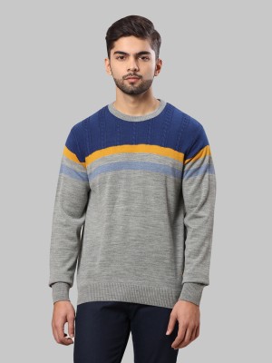 Raymond Self Design Round Neck Casual Men Grey Sweater