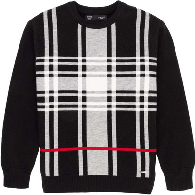 Status Quo Checkered Round Neck Casual Boys Black Sweater