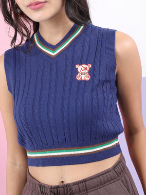 Tokyo Talkies Embroidered V Neck Casual Women Dark Blue Sweater