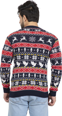 lewiston Printed Round Neck Casual Men Blue Sweater