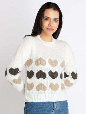 Status Quo Self Design Round Neck Casual Women White Sweater