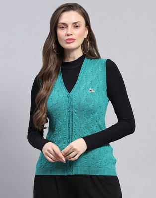 MONTE CARLO Self Design V Neck Casual Women Green Sweater