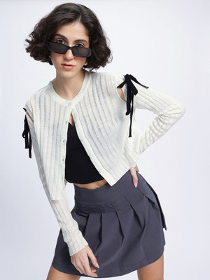 Glitchez Self Design Round Neck Casual Women White Sweater