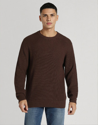 American Eagle Solid Round Neck Casual Men Brown Sweater