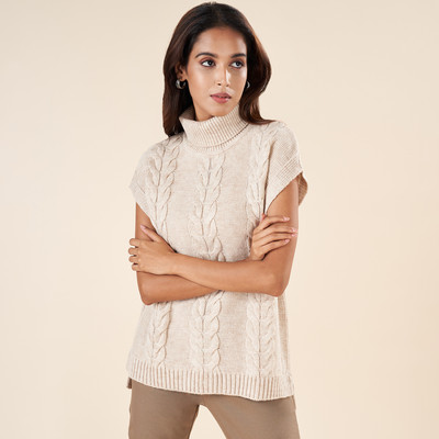 Akkriti by Pantaloons Self Design High Neck Casual Women White Sweater