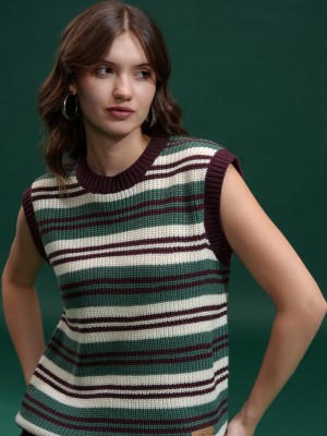 Tokyo Talkies Striped Round Neck Casual Women Maroon, Dark Green, White Sweater