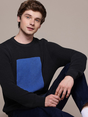 French Connection Colorblock Round Neck Casual Men Black Sweater