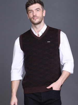 GODFREY Checkered, Chevron/Zig Zag V Neck Casual Men Brown Sweater