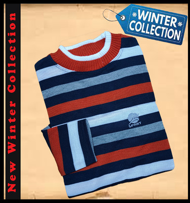 Marc Laurent Striped Round Neck Casual Men Blue Sweater