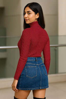 SKG Herringbone Collared Neck Casual Women Red Sweater