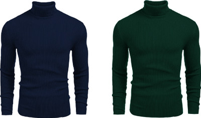 FREAKS Solid High Neck Casual Men Blue, Dark Green Sweater