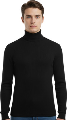 HouseOfCommon Solid High Neck Casual Men Black Sweater