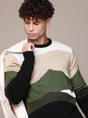 Roadster Self Design Round Neck Casual Men Black Sweater