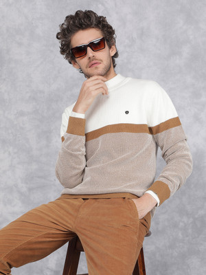 CRIMSOUNE CLUB Self Design Round Neck Casual Men White, Brown Sweater