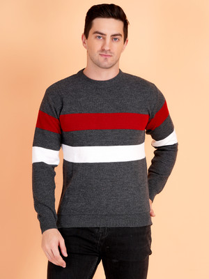 AXOLOTL Striped Round Neck Casual Men Grey Sweater