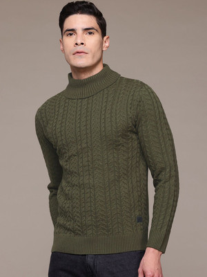 Roadster Self Design Turtle Neck Casual Men Green Sweater