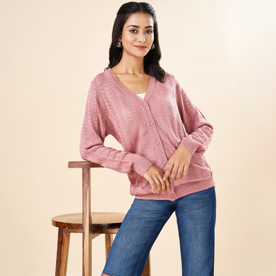 Rangmanch by Pantaloons Solid V Neck Casual Women Pink Sweater