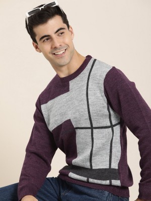 HERE&NOW Self Design Round Neck Casual Men Grey Sweater