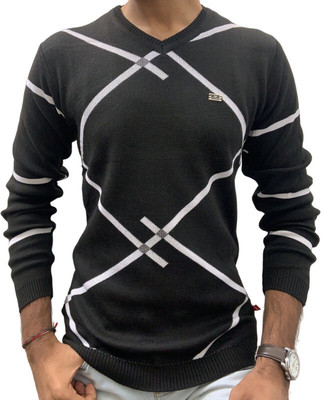 FORWARDS Self Design V Neck Casual Men Black, White Sweater