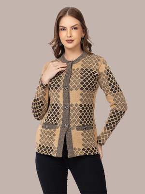 Pyro Spirit Geometric Print Collared Neck Casual Women Yellow Sweater