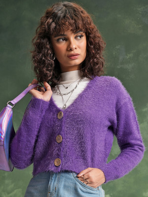 Tokyo Talkies Solid V Neck Casual Women Purple Sweater