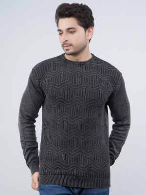 FEVERFEW Self Design Round Neck Casual Men Grey Sweater