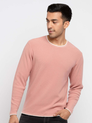 Status Quo Solid Round Neck Casual Men Pink Sweater