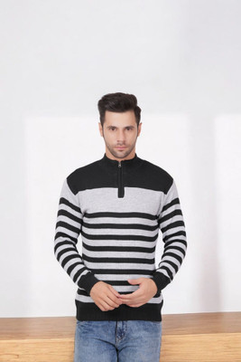 KIPEKEE Striped Round Neck Casual Men Black Sweater