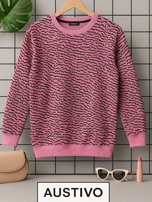 Austivo Printed High Neck Casual Women Pink Sweater