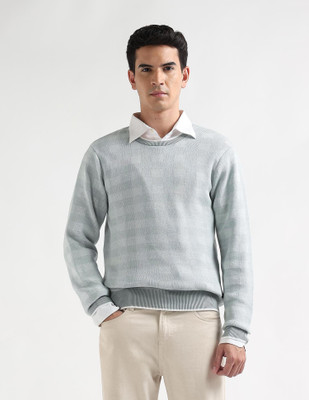 ARROW Self Design Crew Neck Casual Men Green Sweater