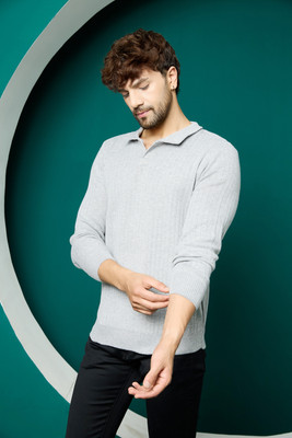 KVETOO Self Design Collared Neck Casual Men Grey Sweater