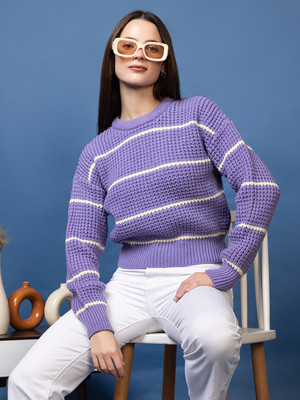 Mast & Harbour Striped Round Neck Casual Women Purple Sweater