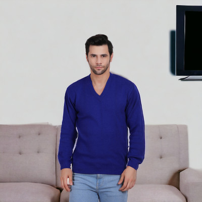 GLAUCUS Solid V Neck Casual Men Blue Sweater