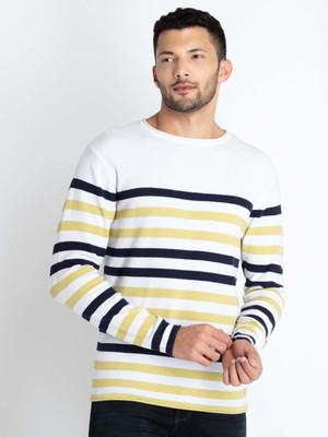 Status Quo Striped Round Neck Casual Men White Sweater