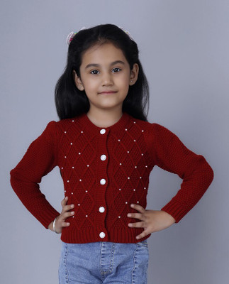 Joe Hazel Self Design Round Neck Casual Girls Red Sweater