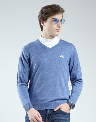 MONTE CARLO Self Design V Neck Casual Men Blue Sweater