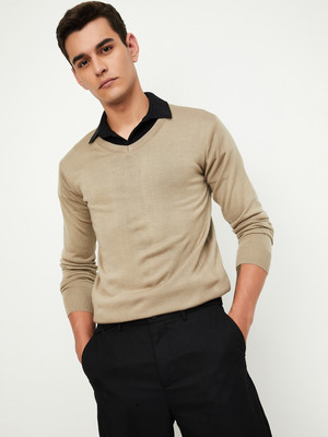MAX Printed Round Neck Casual Men Beige Sweater