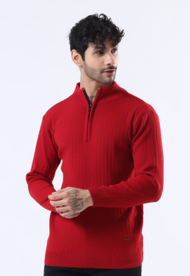 WOOLBERRY Solid High Neck Casual Men Red Sweater