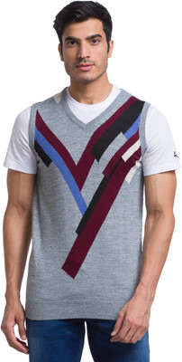 PARX Solid V Neck Casual Men Grey Sweater