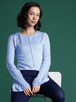 Dressberry Solid Round Neck Casual Women Blue Sweater