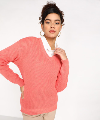 NUMERO UNO Self Design V Neck Casual Women Pink Sweater