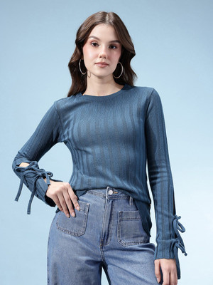 Glitchez Self Design Round Neck Casual Women Blue Sweater