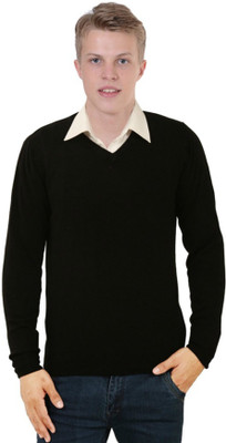 Super Weston Solid V Neck Casual Men Black Sweater