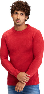 Spykar Solid Round Neck Casual Men Red Sweater